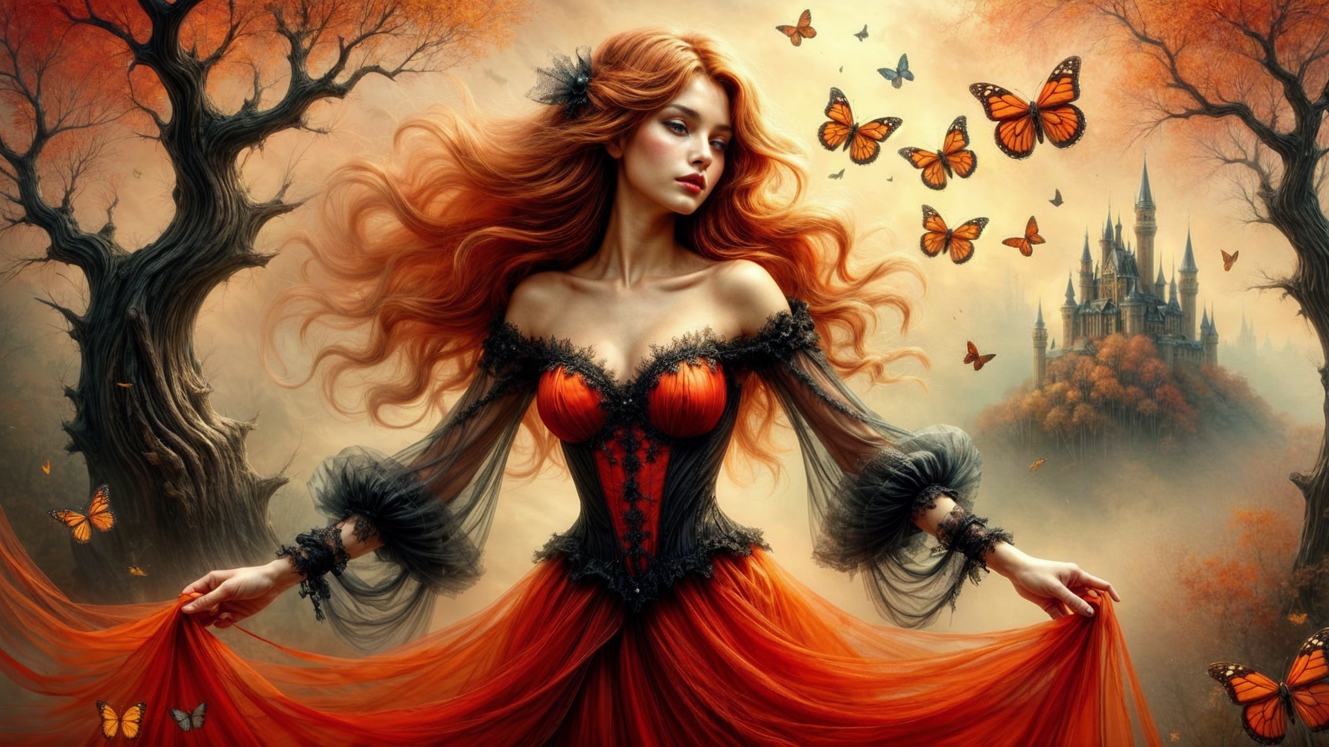 Mystical Woman in Orange Gown Among Butterflies
