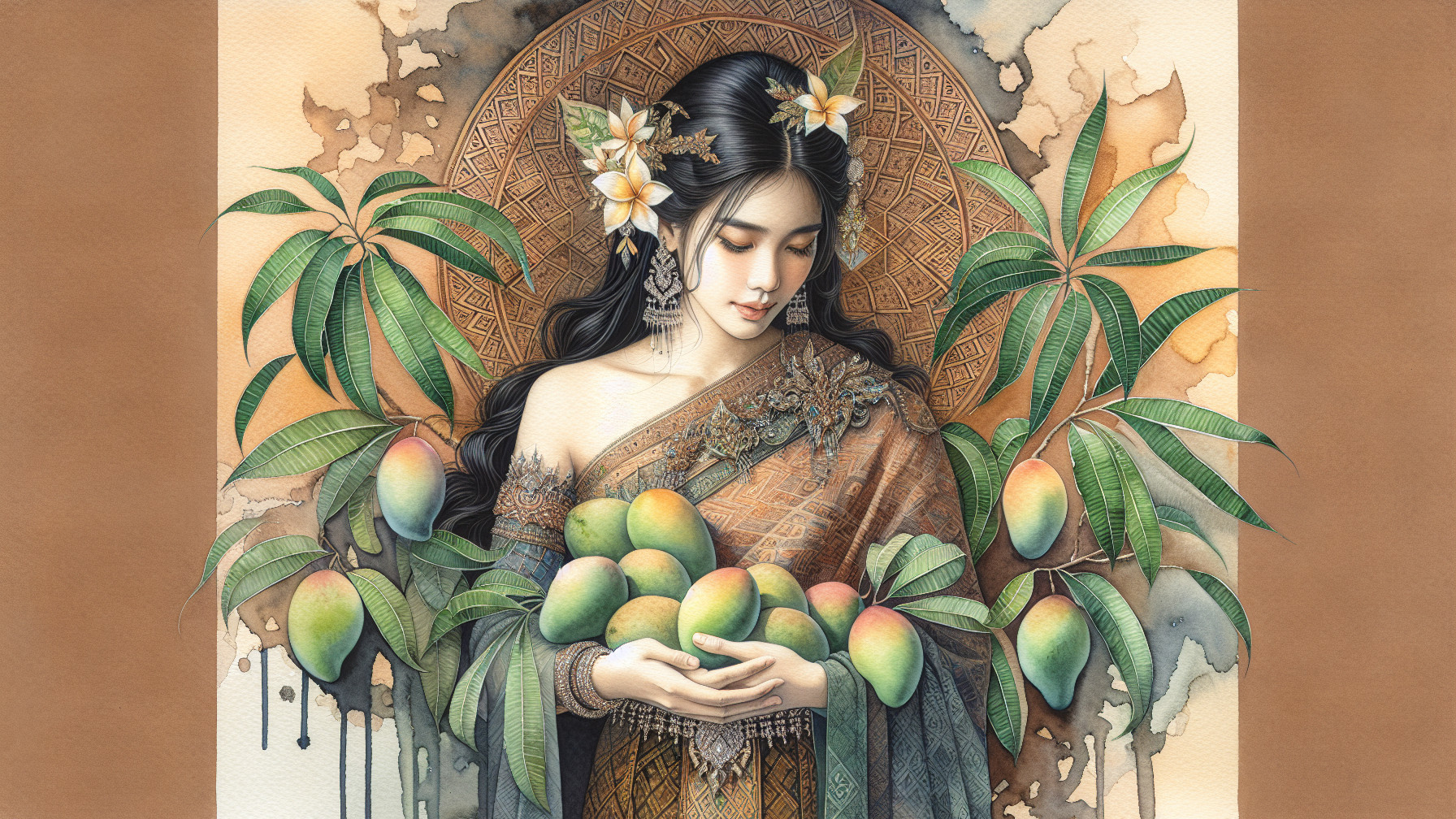 Traditional Thai Woman with Mangoes in Watercolor Art