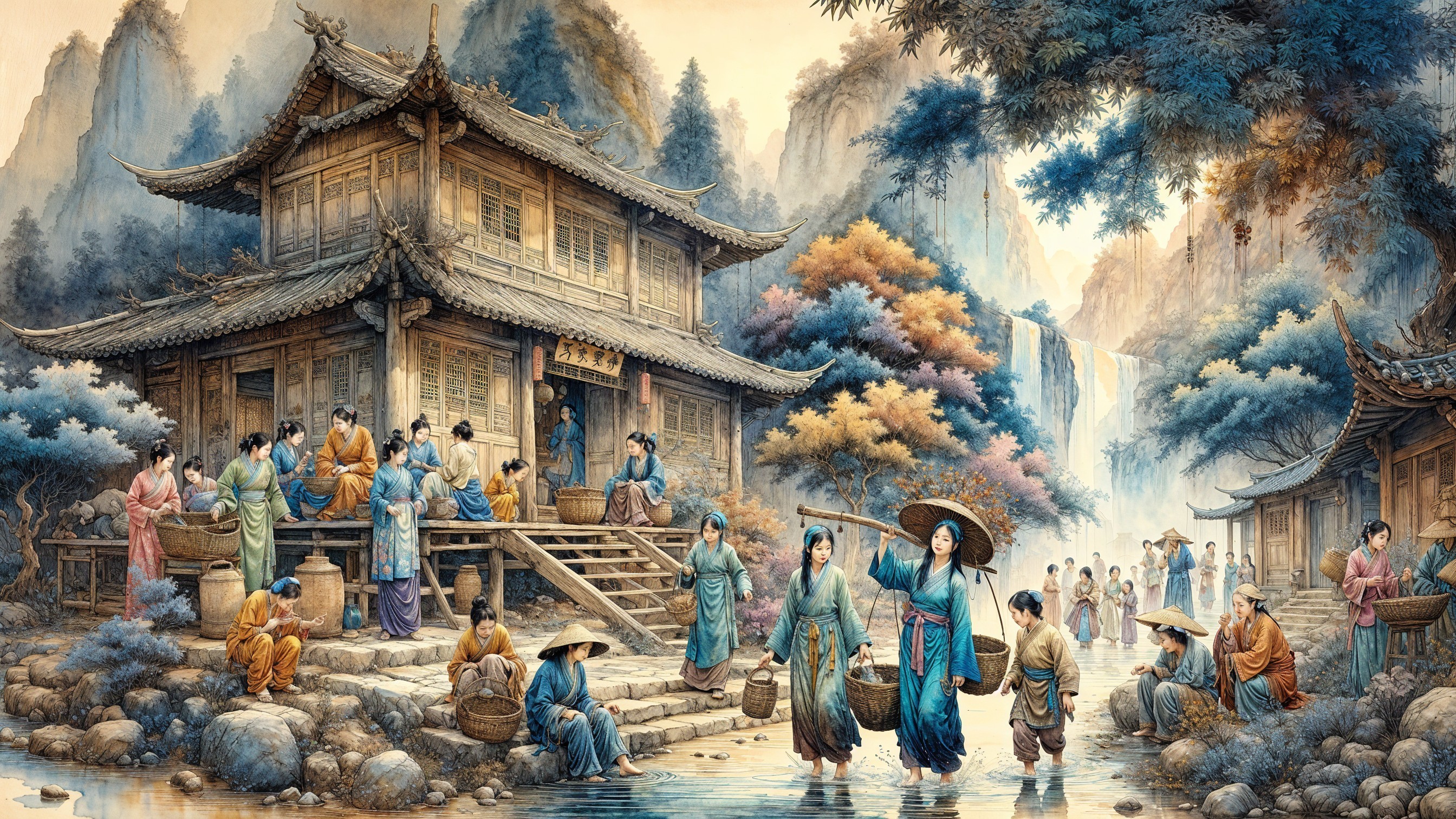 Traditional Village Amidst Lush Mountains and Waterfall