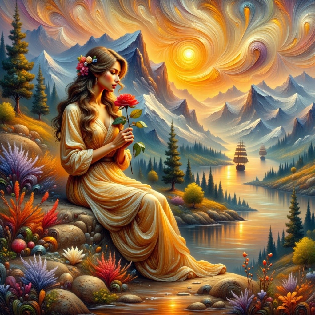 Woman in Yellow Dress by Serene River at Sunset