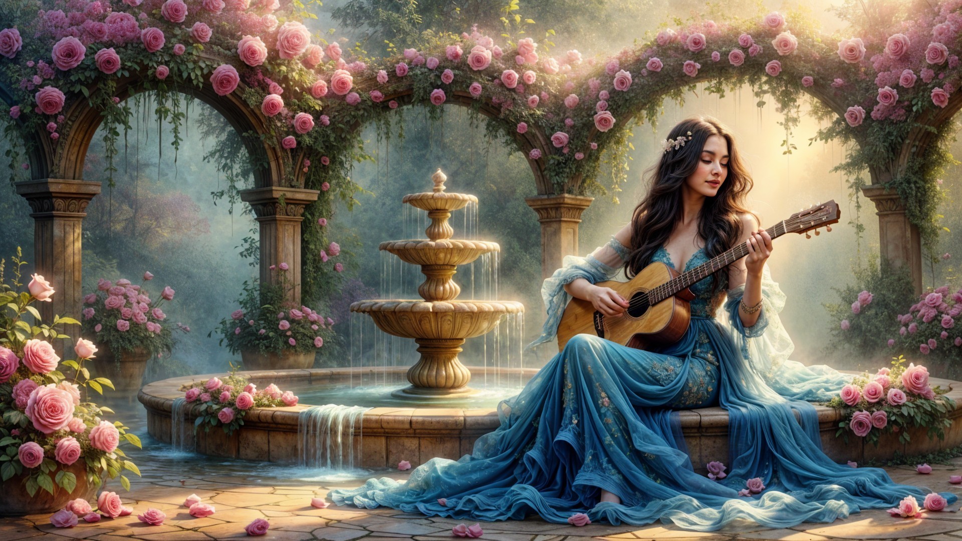 Serene Garden Scene with Woman Playing Guitar