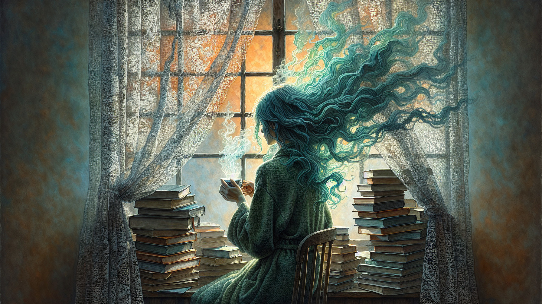 Serene Reading Nook with Turquoise Hair and Books