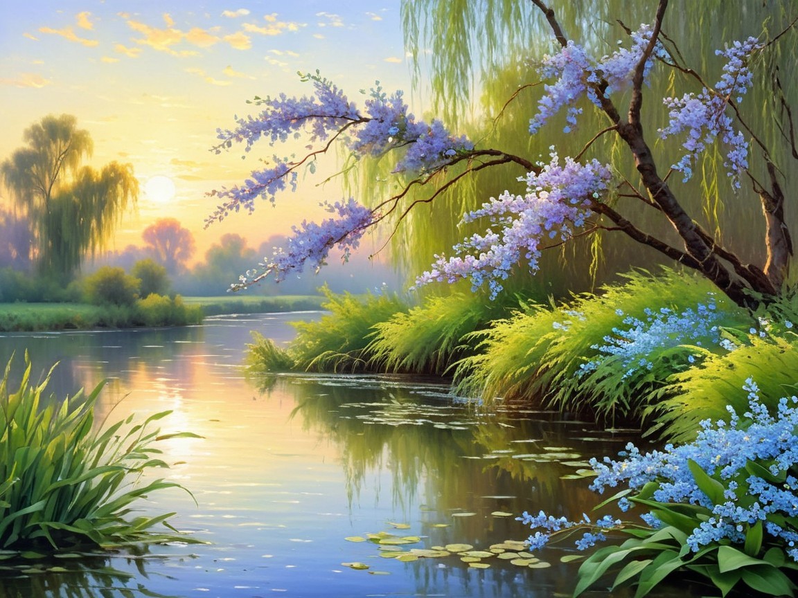 Serene Dawn Landscape with Tranquil River and Blossoms