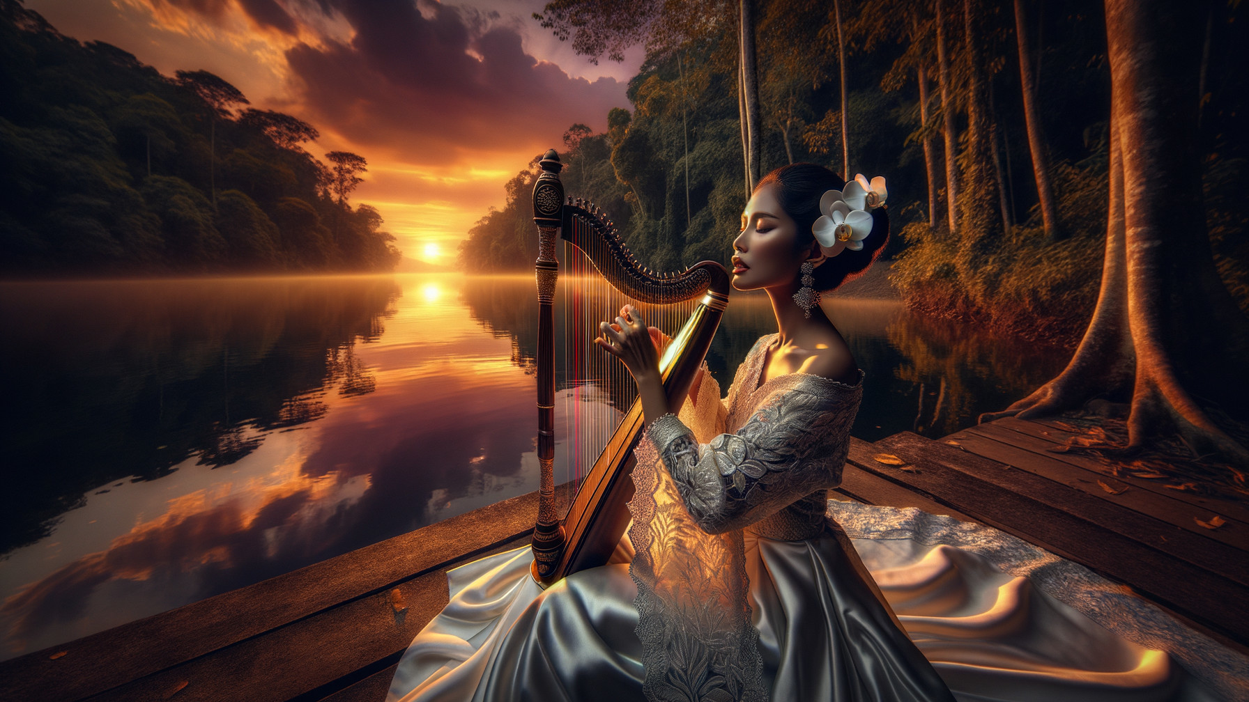 Woman in gown plays harp by tranquil lake at sunset