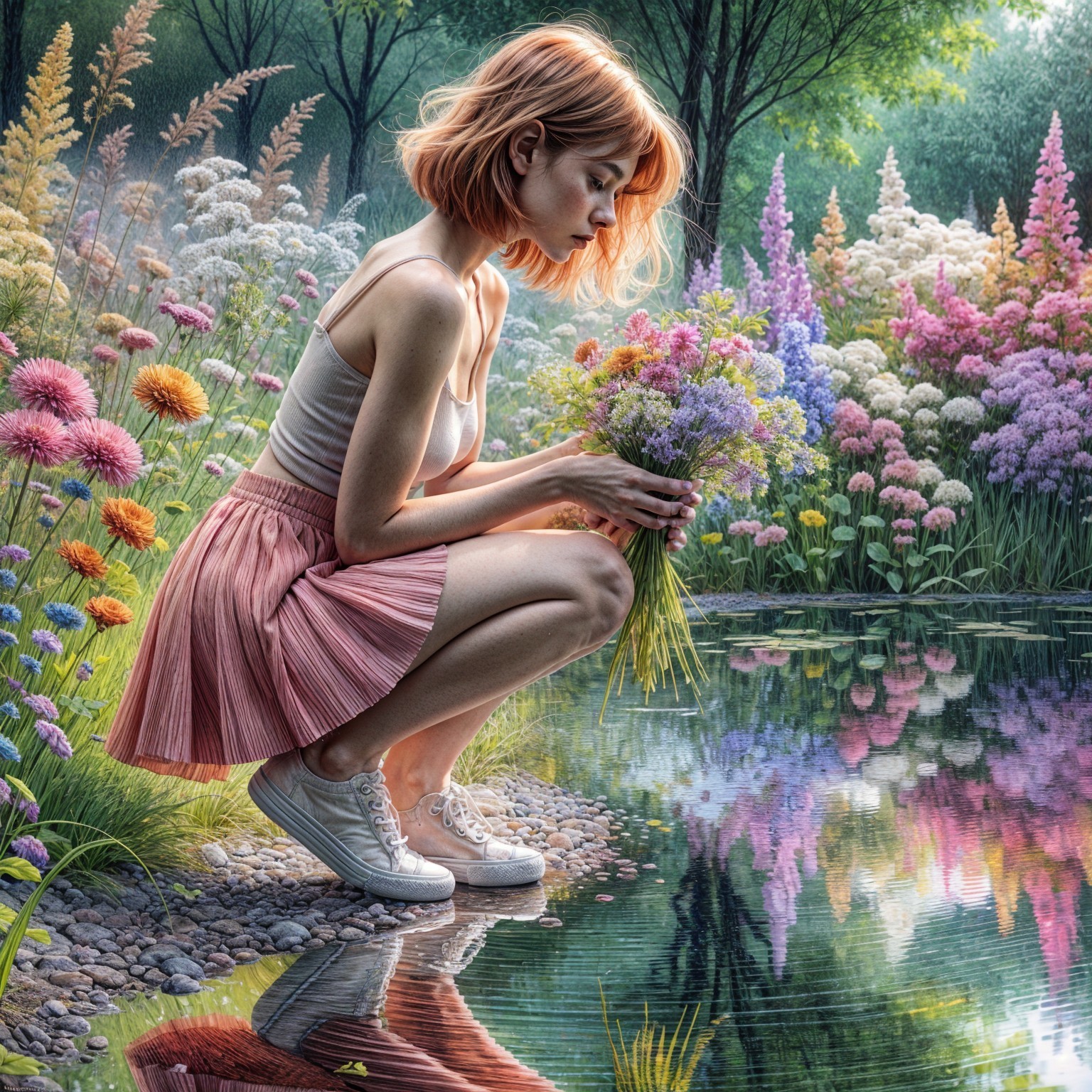 Young Woman by Serene Pond with Wildflowers