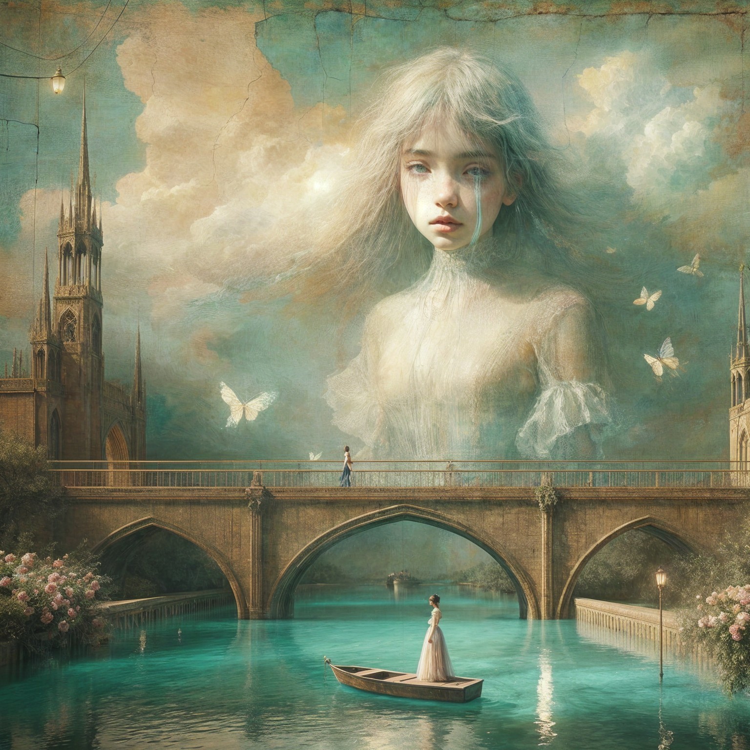 Tranquil River Landscape with Bridge and Ethereal Figure