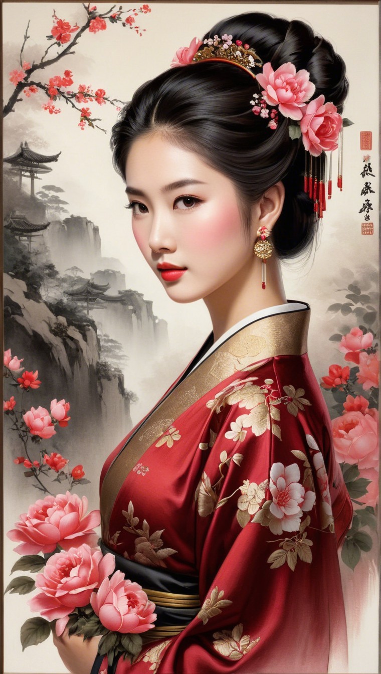 Young Woman in Red Kimono Surrounded by Nature