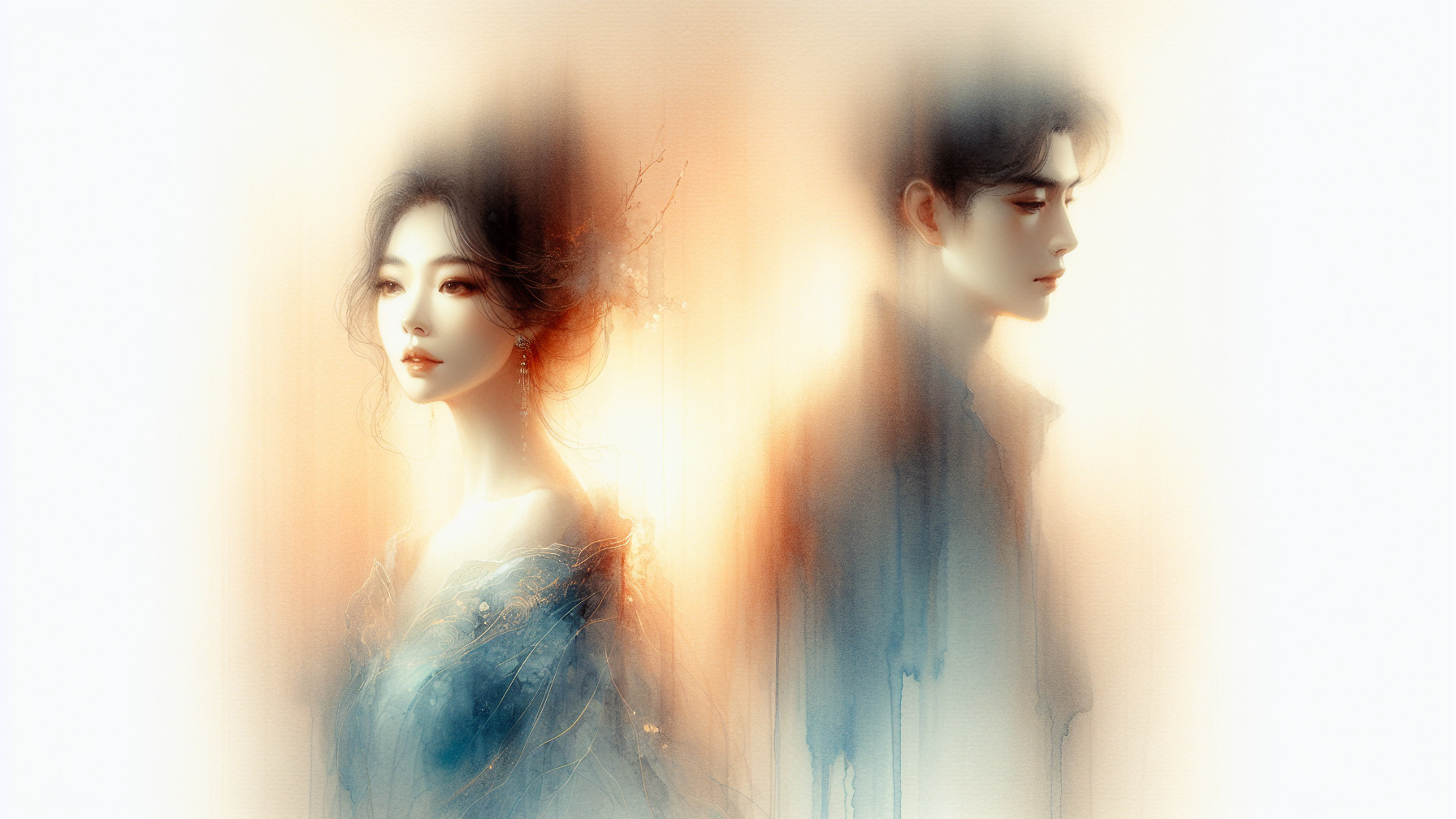 Dreamy Ethereal Scene with Woman and Man in Soft Tones