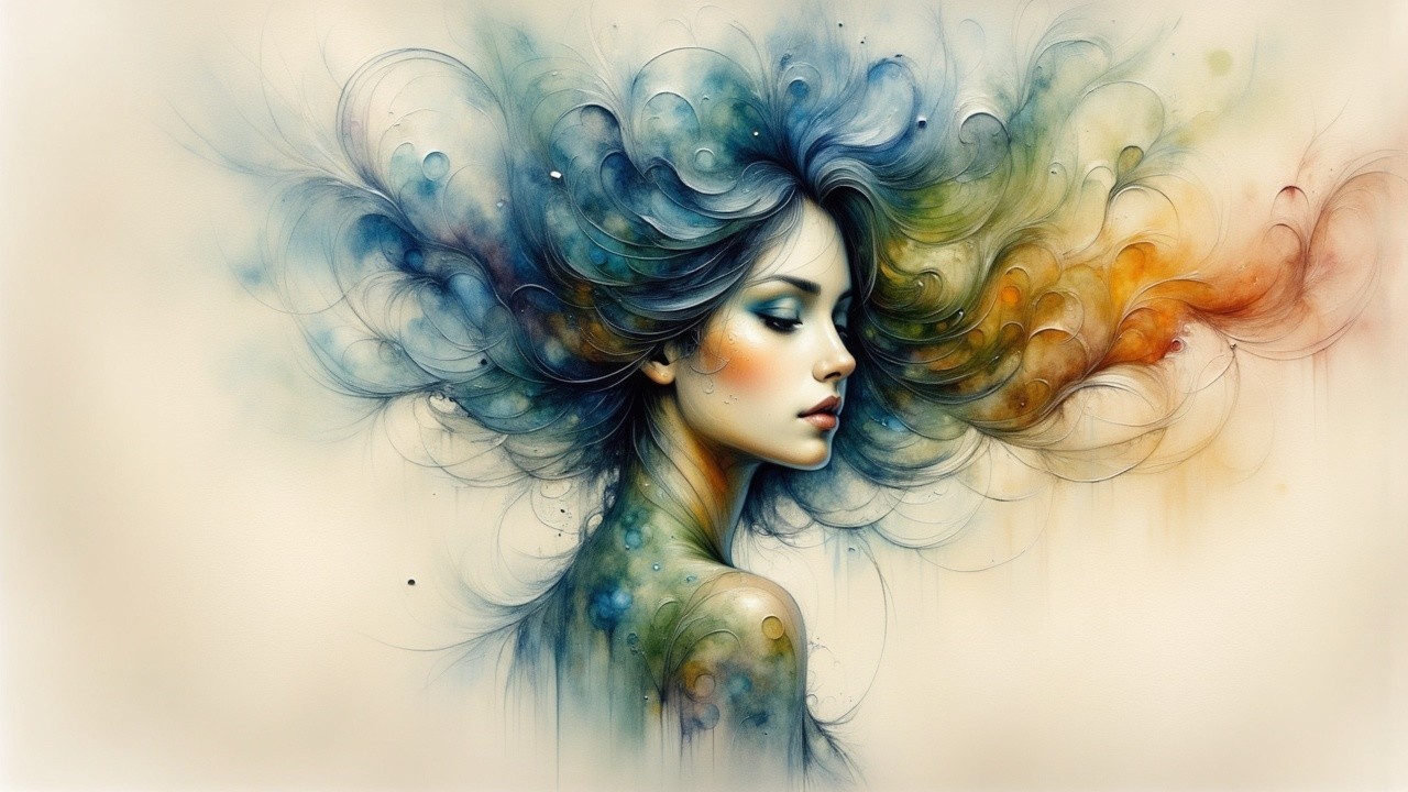Serene Woman with Flowing Hair and Colorful Swirls