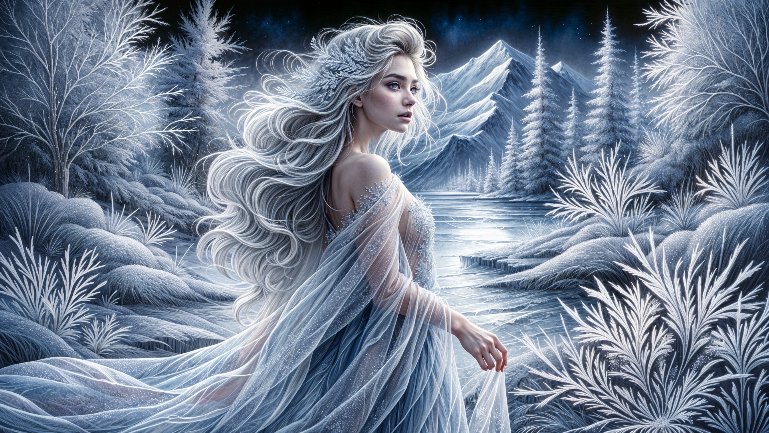 Serene Figure in Ethereal Icy Winter Landscape