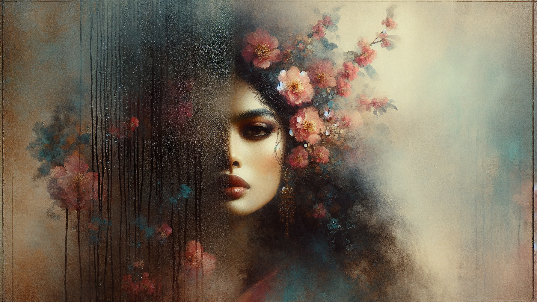 Mysterious Woman in Misty Veil with Floral Accents