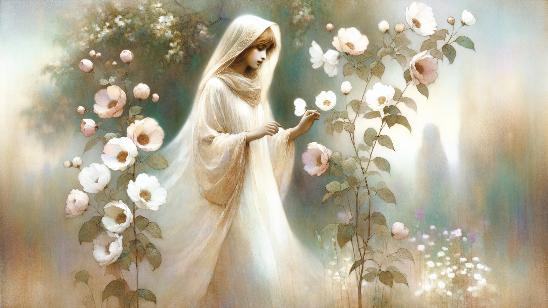 Ethereal Figure in White Gown Surrounded by Flowers