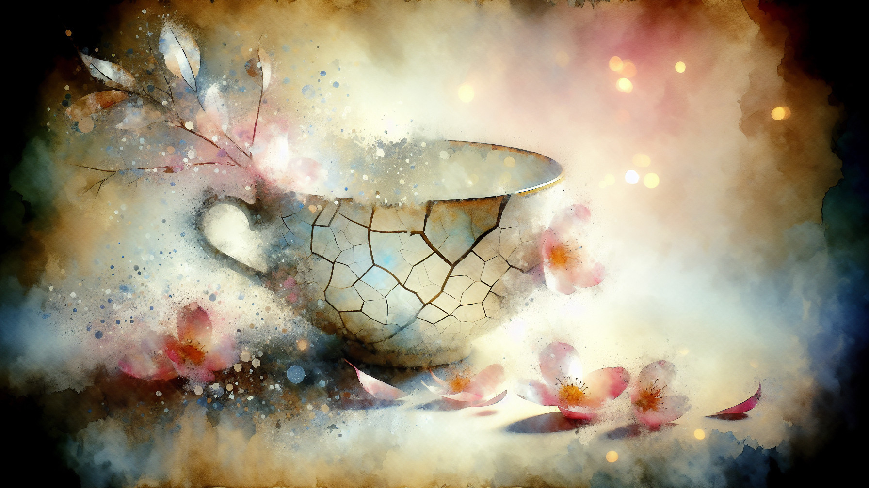 Delicate Ceramic Cup Surrounded by Cherry Blossoms