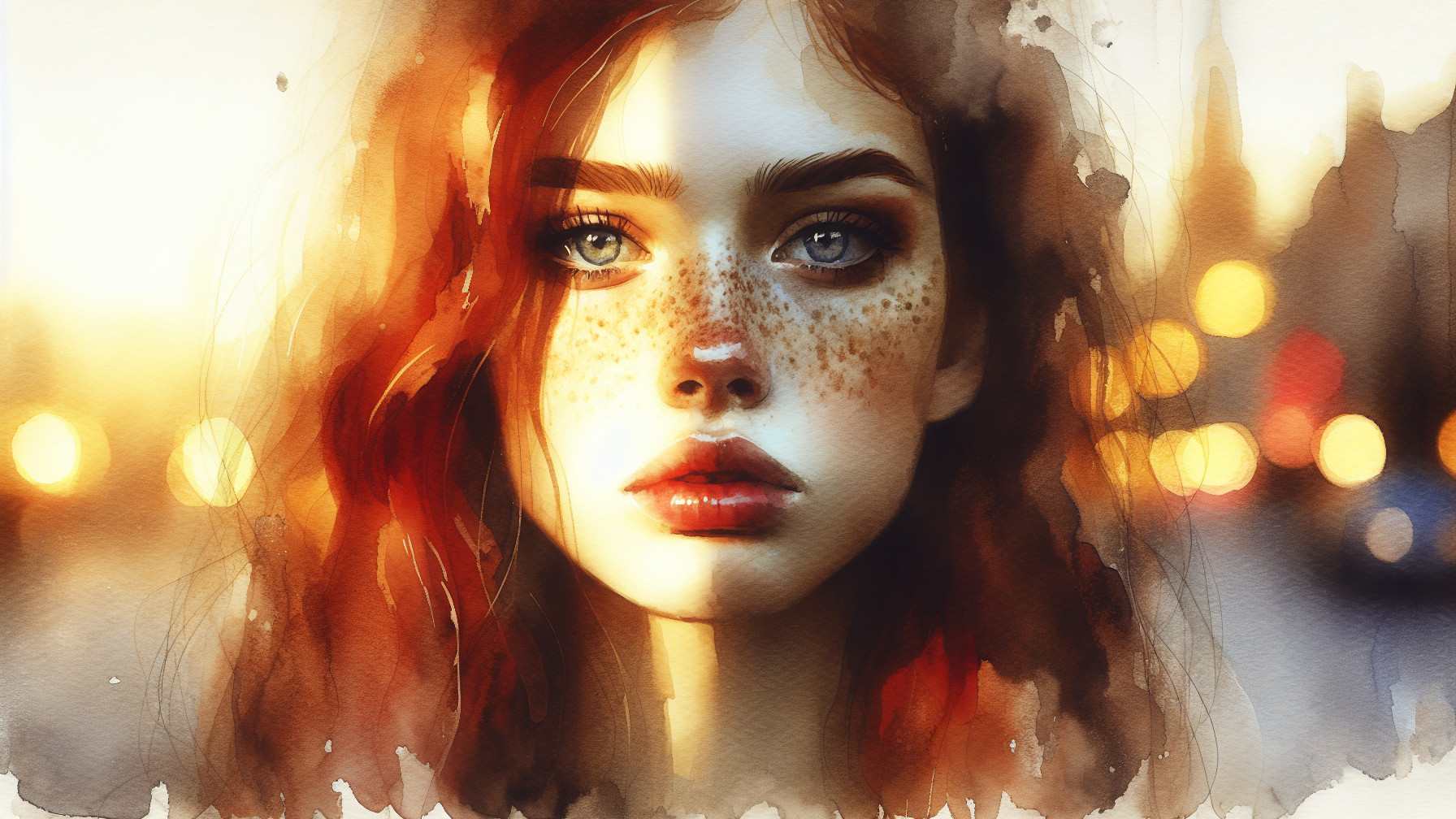 Young woman with freckles and red hair at sunset