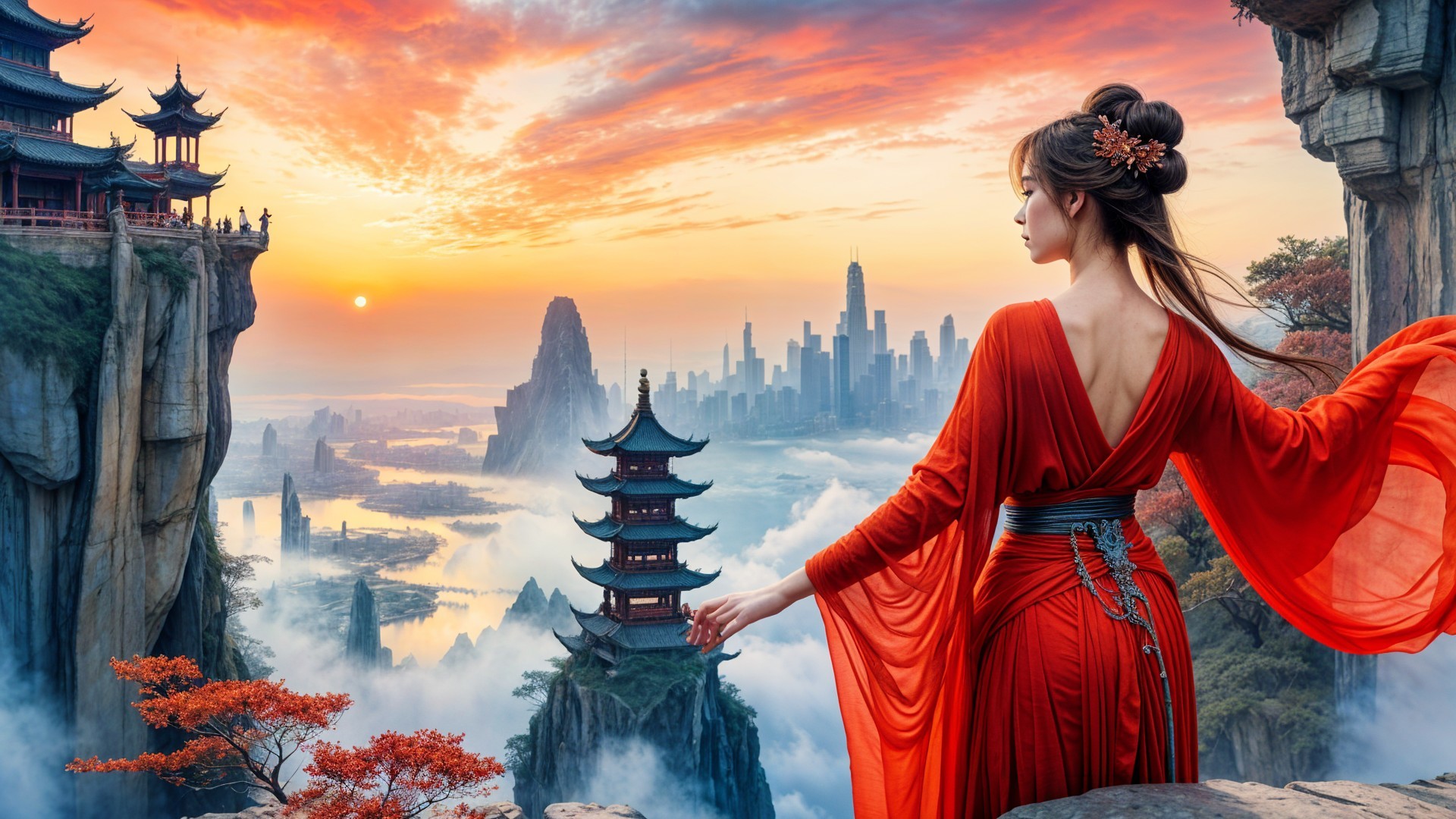 Serene Sunset Landscape with Woman in Red Gown