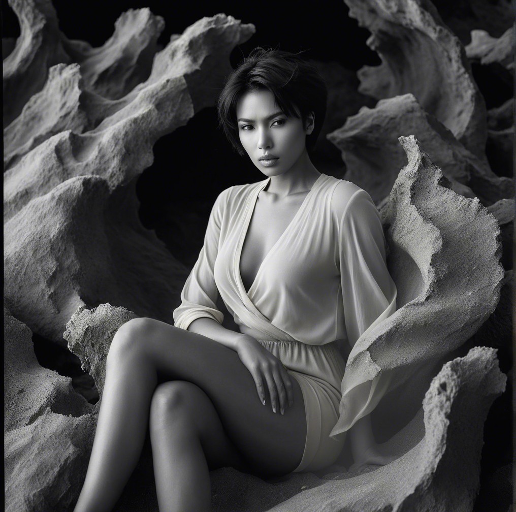 Black-and-white photograph of a woman in rock formations