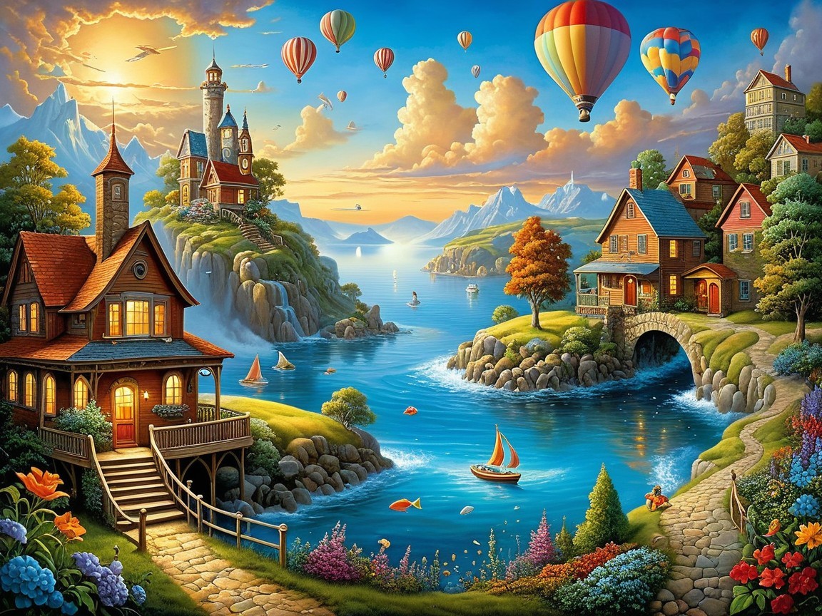 Charming Landscape with Colorful Houses and Balloons