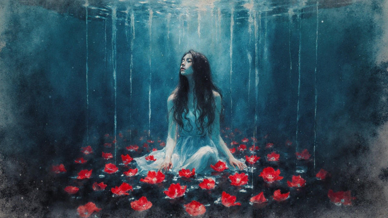 Underwater Scene with Woman and Red Flowers