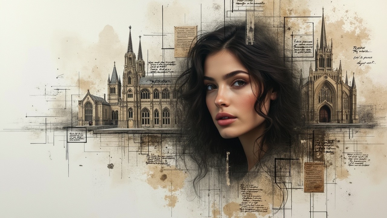 Artistic Fusion of Woman's Face and Gothic Cathedral