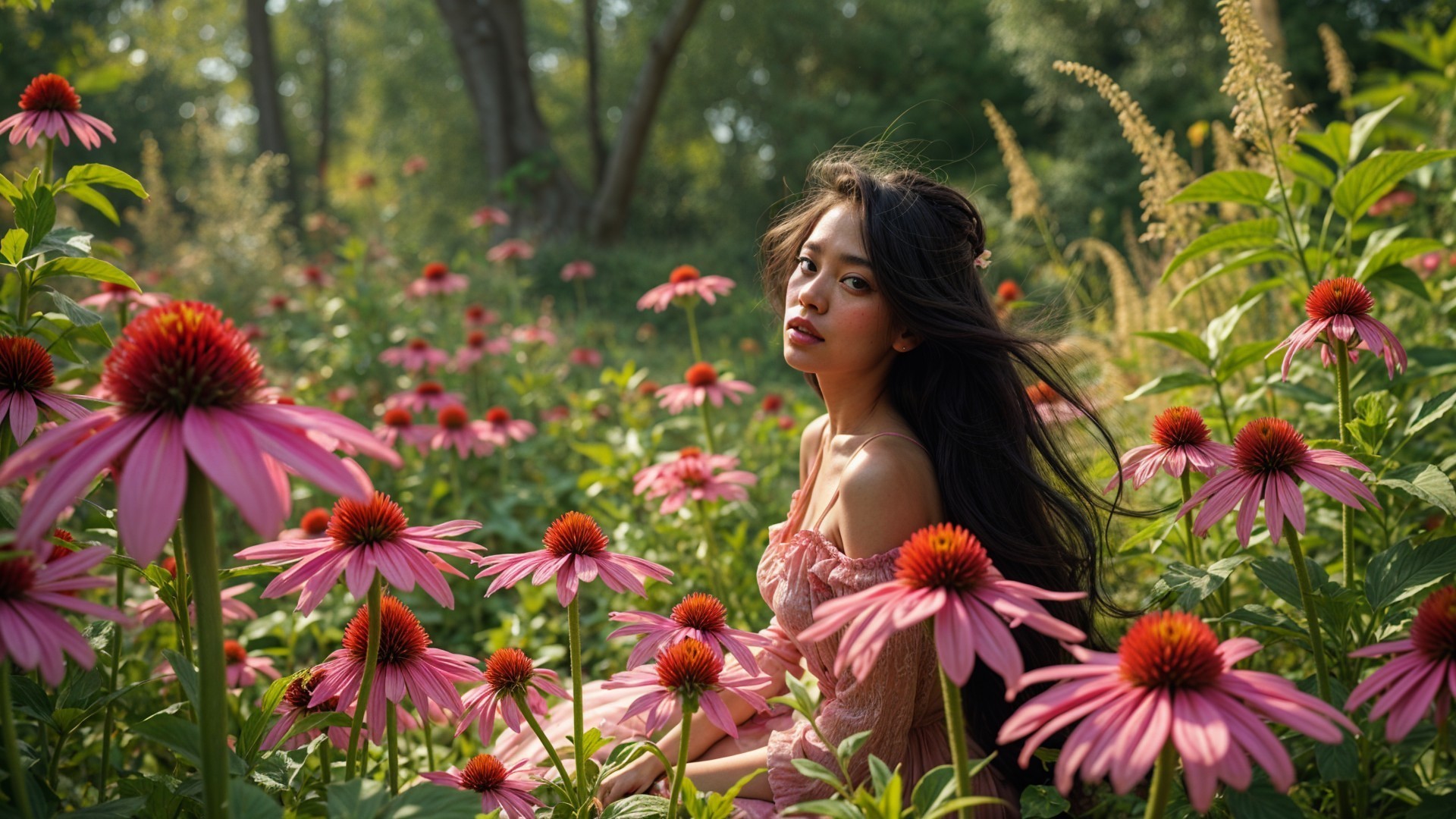 Young Woman in Echinacea Flower Field with Sunlight