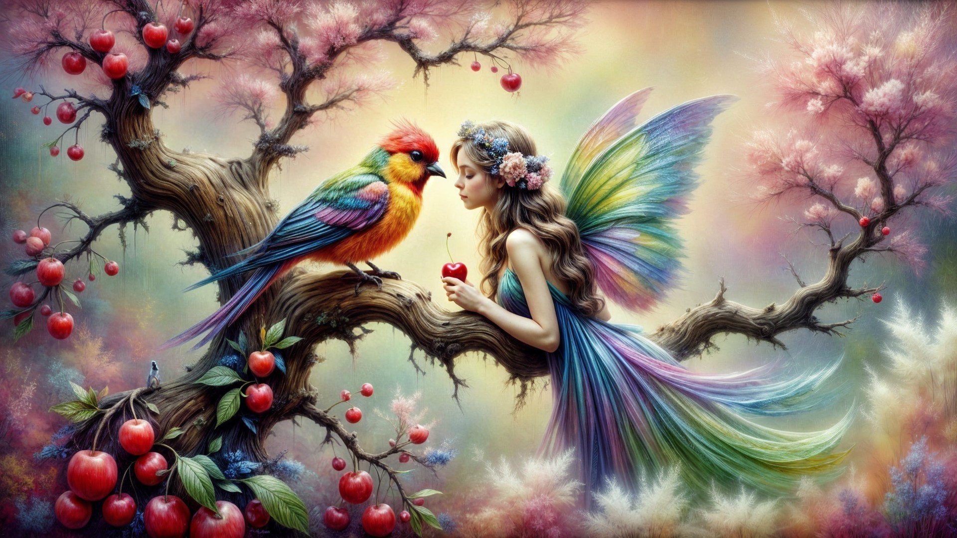 Whimsical Fairy and Parrot in Enchanting Landscape