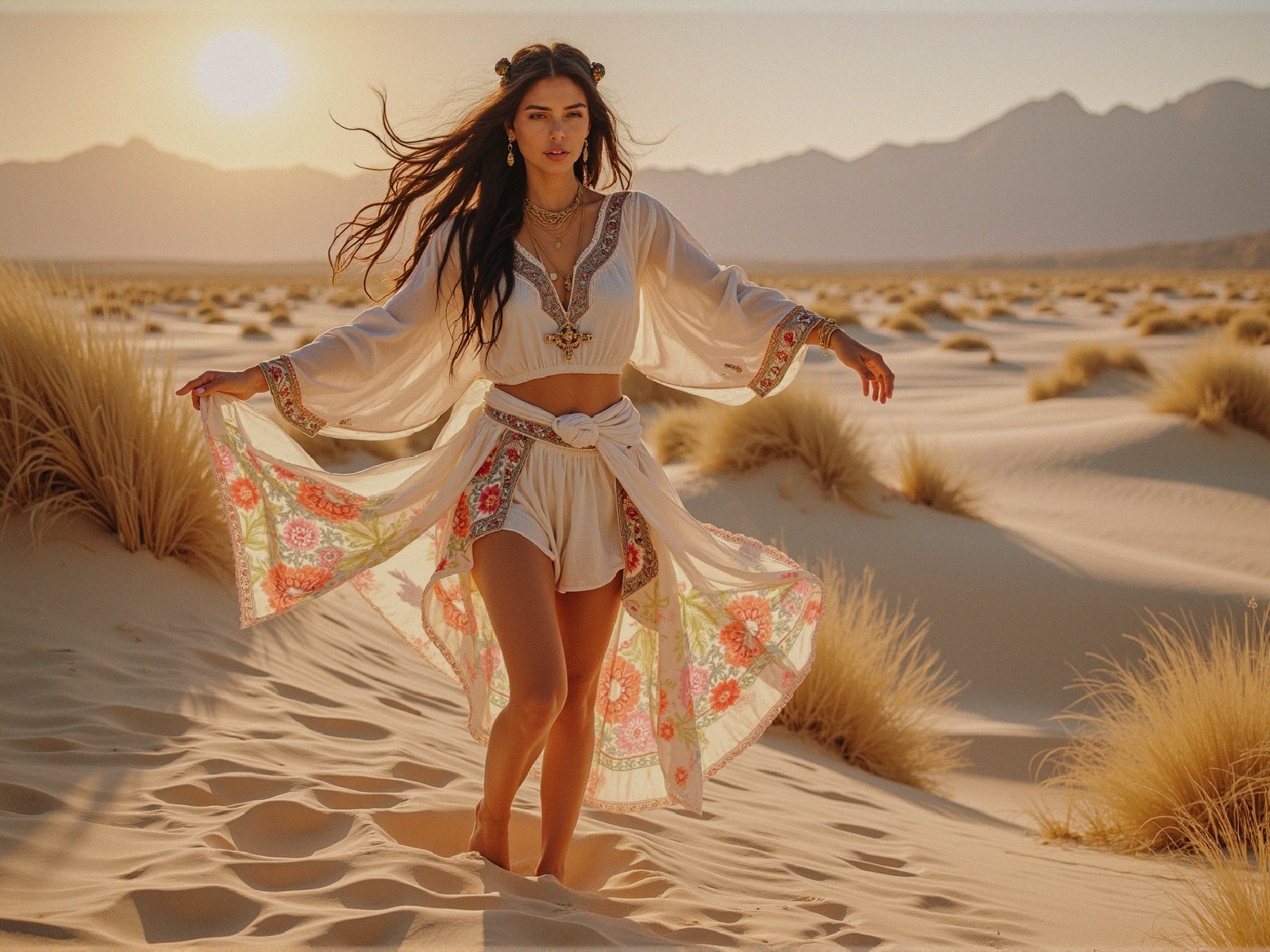 Woman in Bohemian Outfit in Serene Desert at Sunset