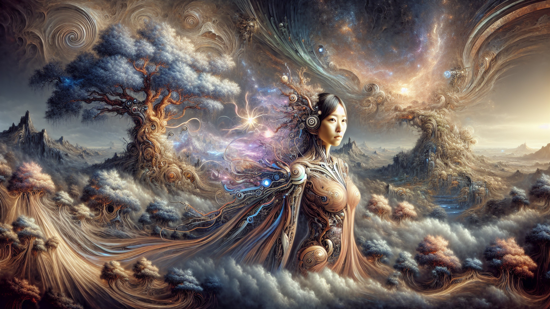 Futuristic Landscape with Woman in Surreal Environment