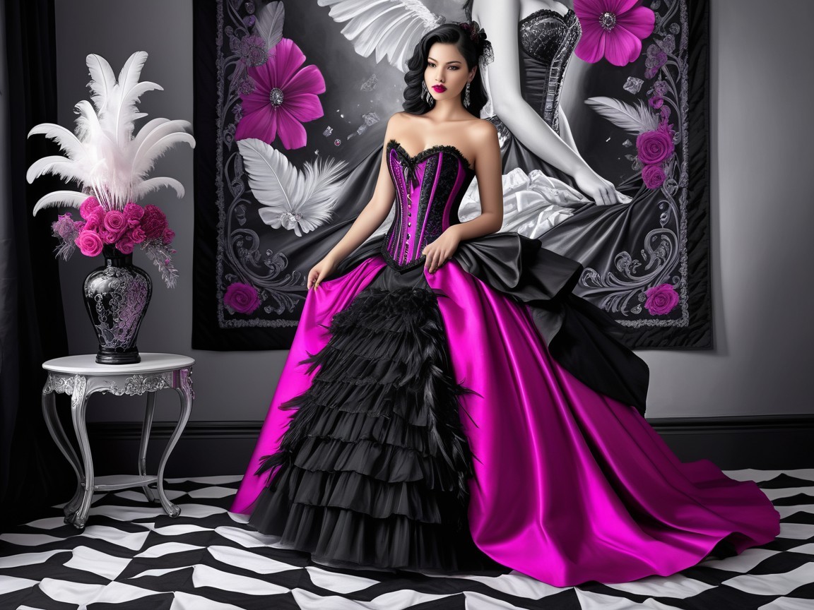 Elegant Gown with Black and Fuchsia Design Elements