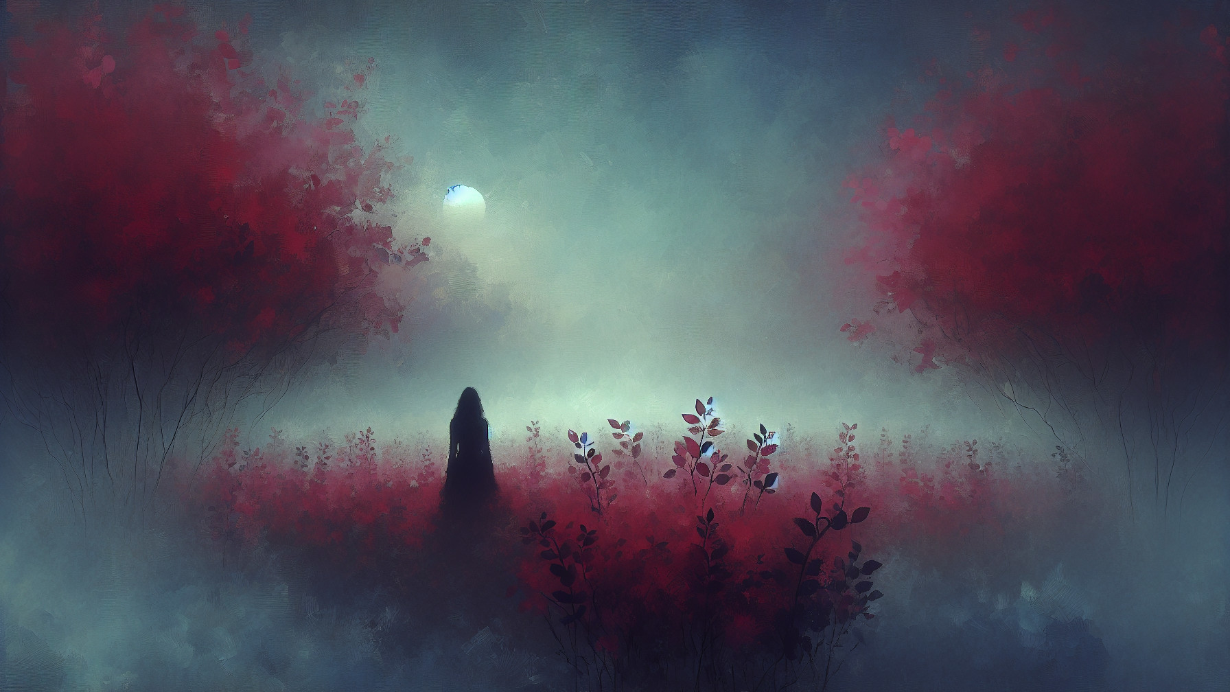 Solitary Figure in Dreamlike Landscape with Fog
