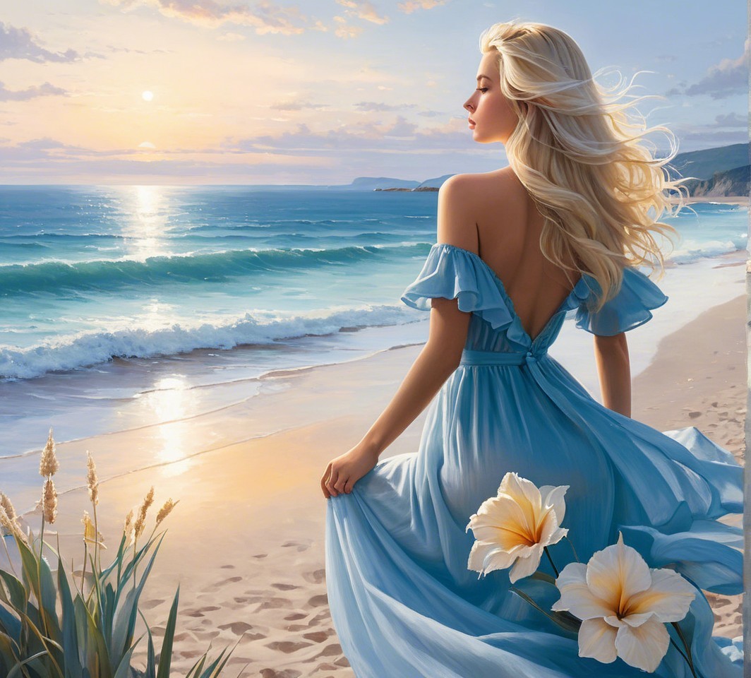 Serene Beach Sunset with Woman in Blue Dress