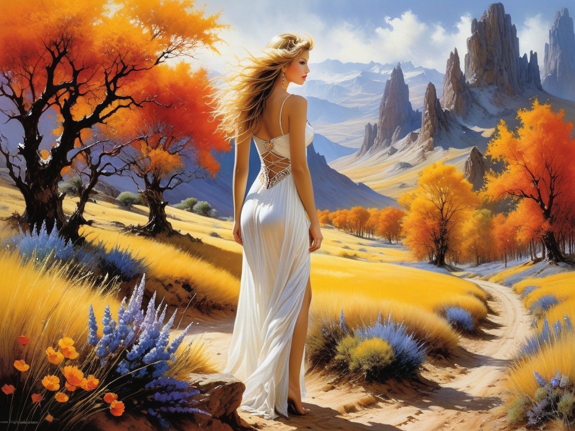 Woman in White Dress on Autumn Path with Mountains
