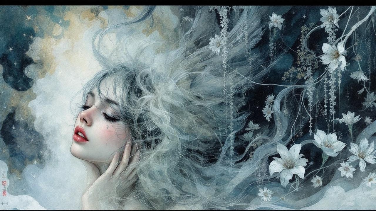 Serene Woman with Silvery Hair and Starry Background