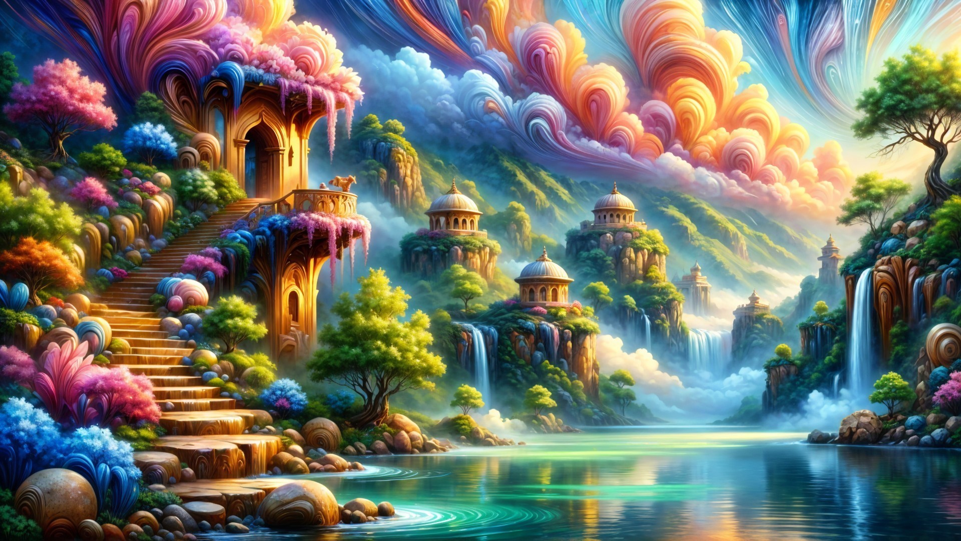 Vibrant Fantasy Landscape with Waterfalls and Flora