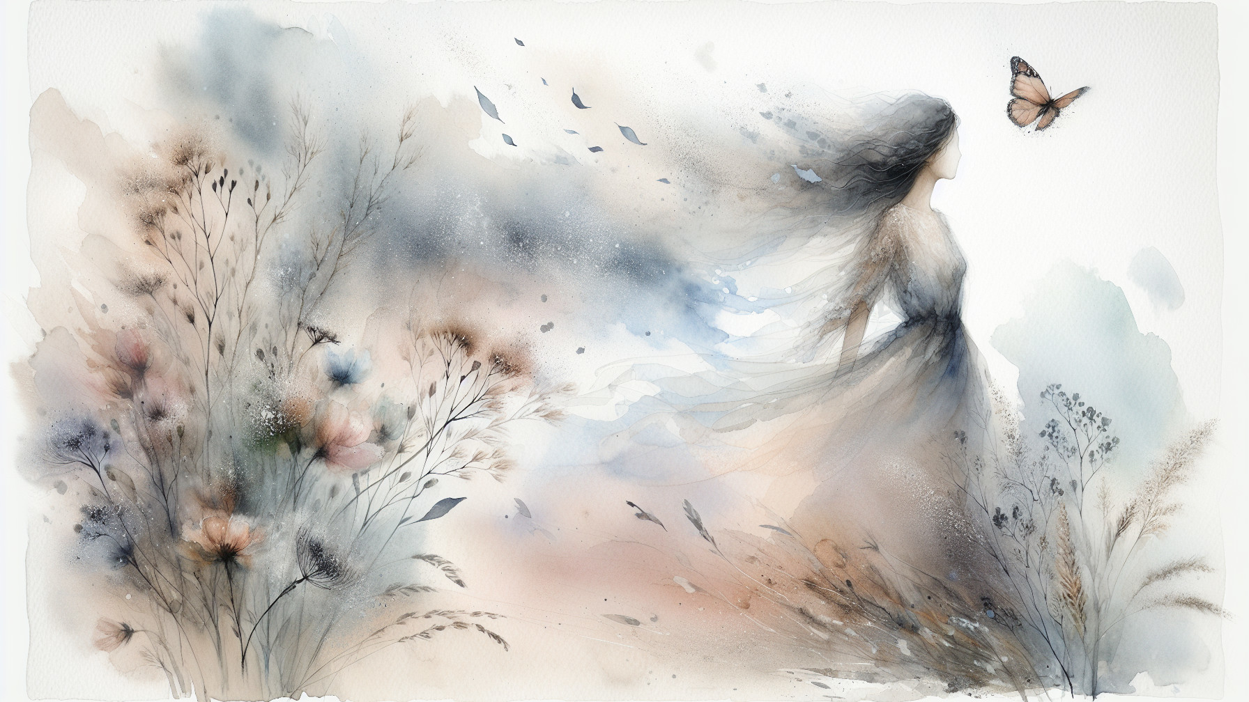 Tranquil Watercolor Scene with Graceful Figure and Nature