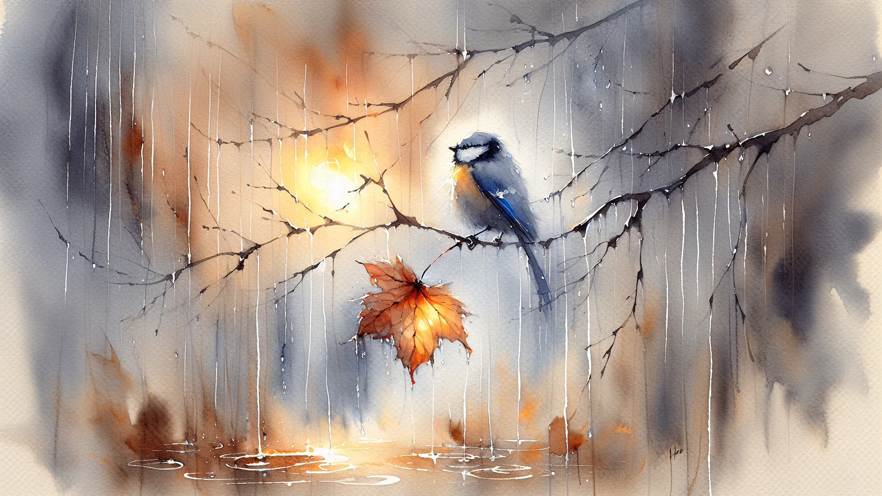 Watercolor Scene of a Bluebird on a Branch