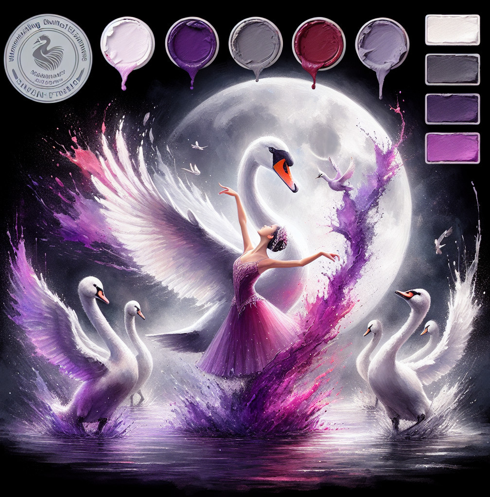Ballerina in Pink Dress Surrounded by Swans and Paint