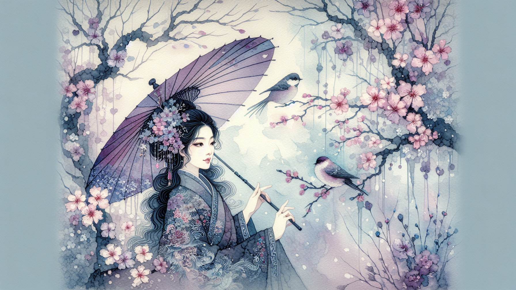 Ethereal Woman in Kimono Surrounded by Cherry Blossoms