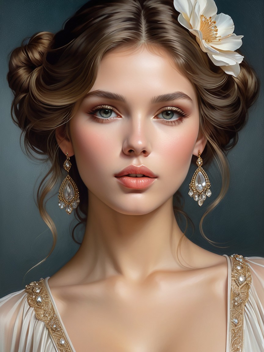 Portrait of a Young Woman with Flower and Elegant Features