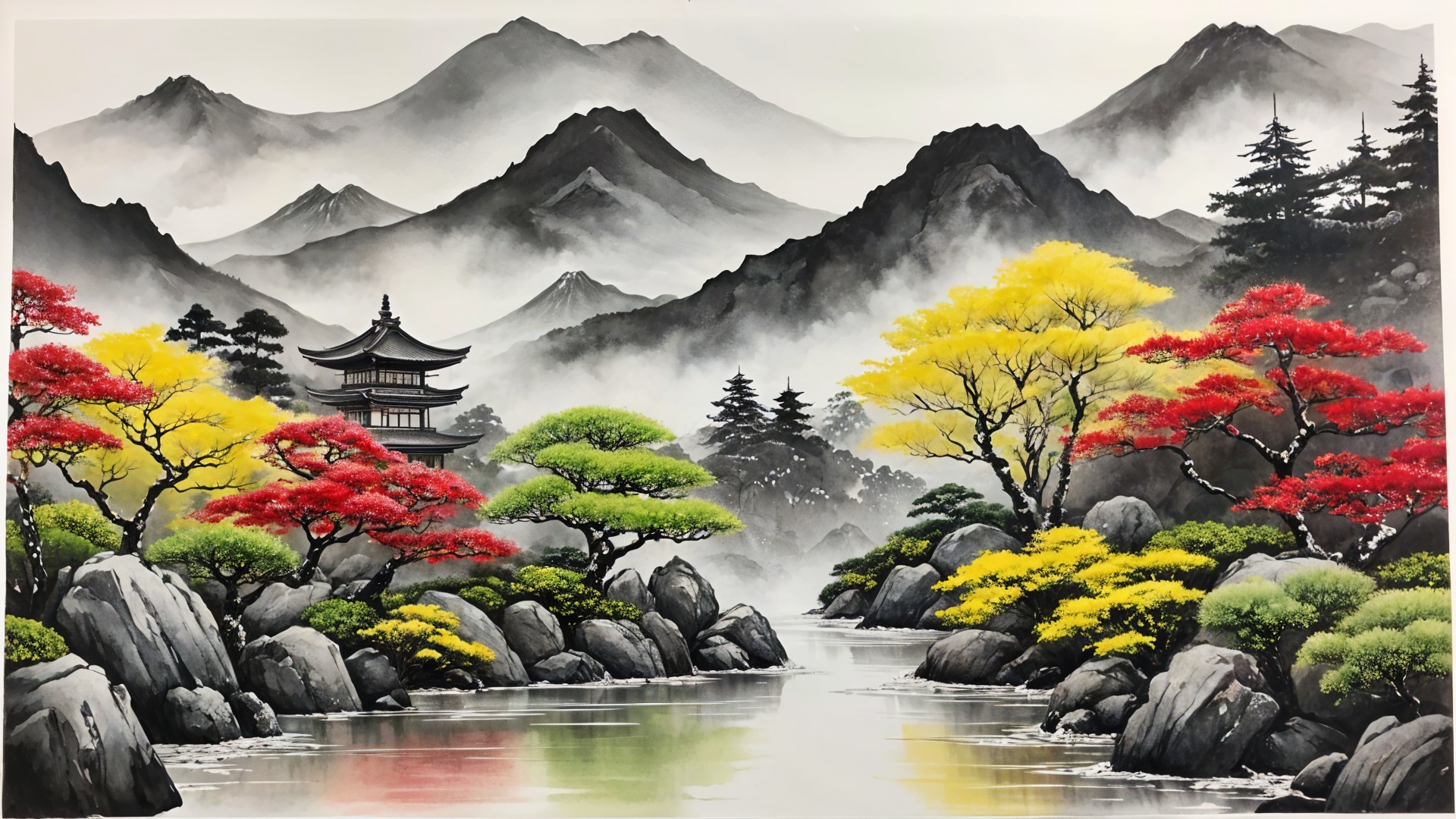 Serene Landscape with Mountains and Autumn River