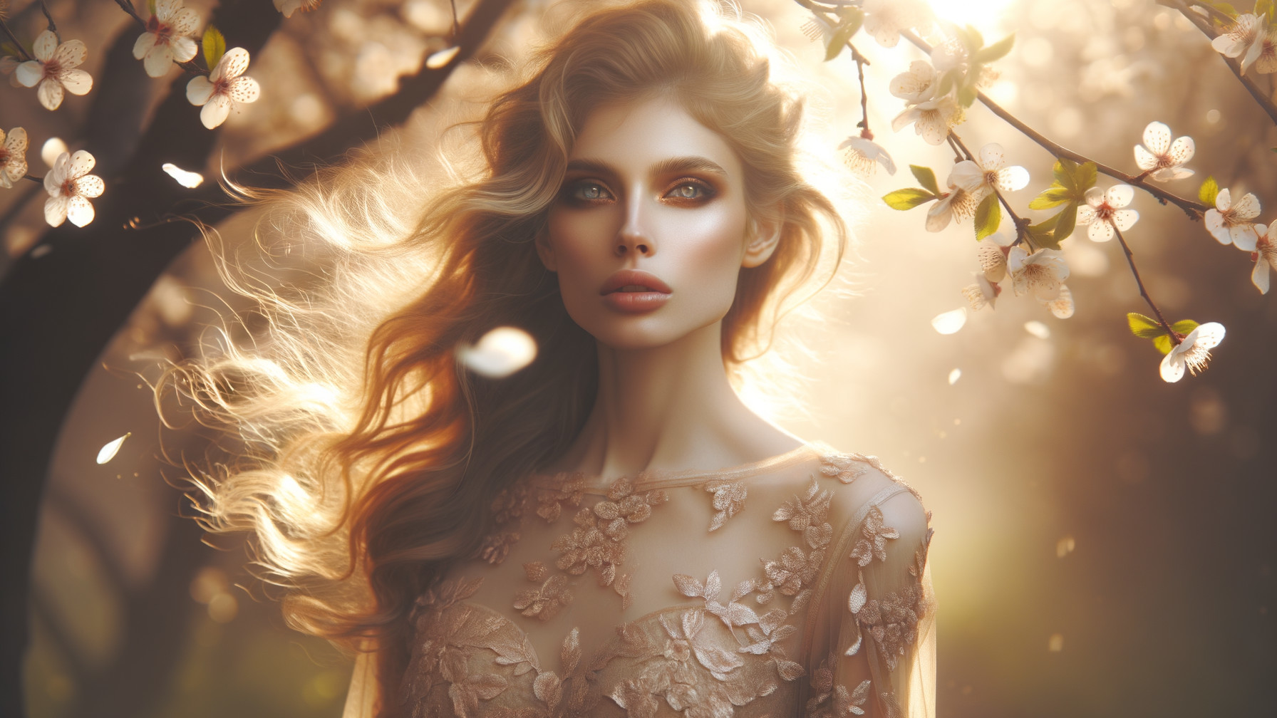 Young Woman in Sheer Gown Among Cherry Blossoms