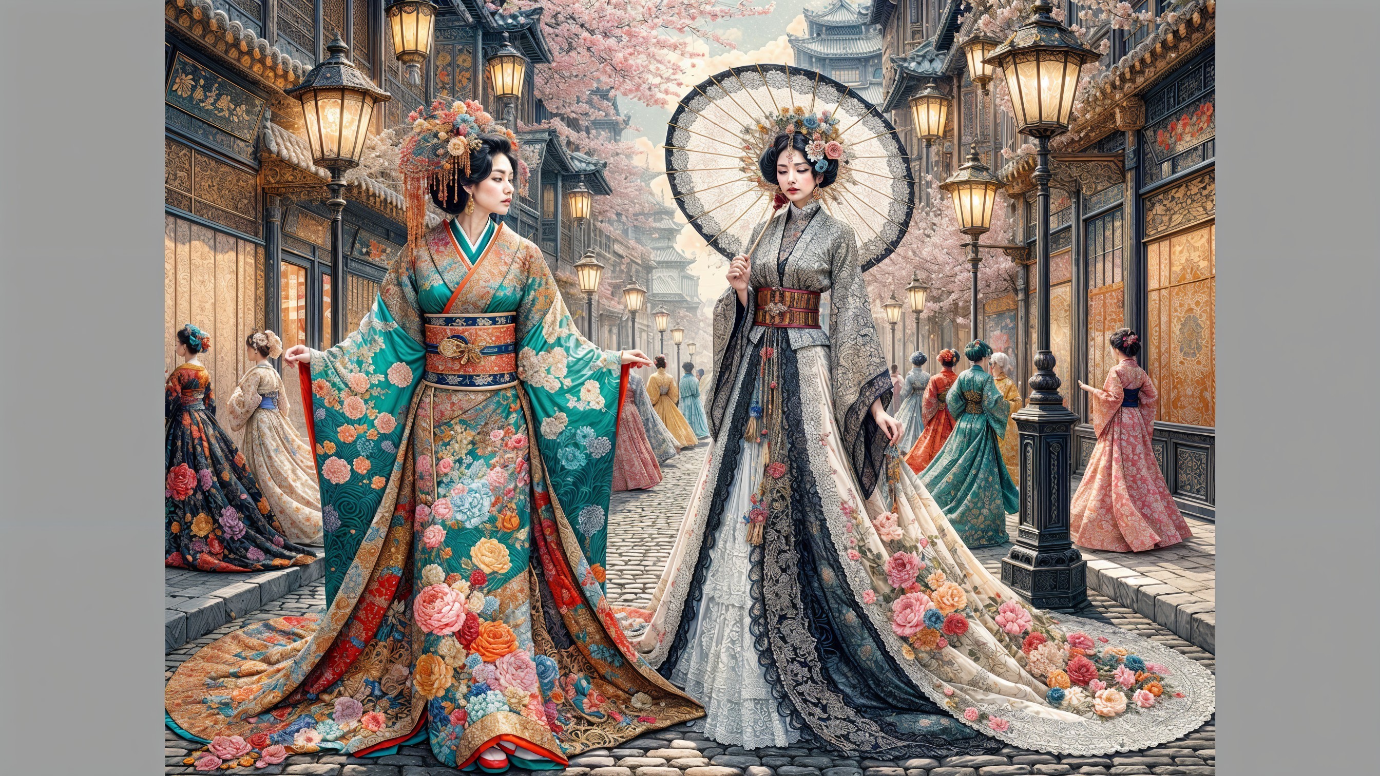 Elegant Women in Traditional Gowns Amidst Cherry Blossoms