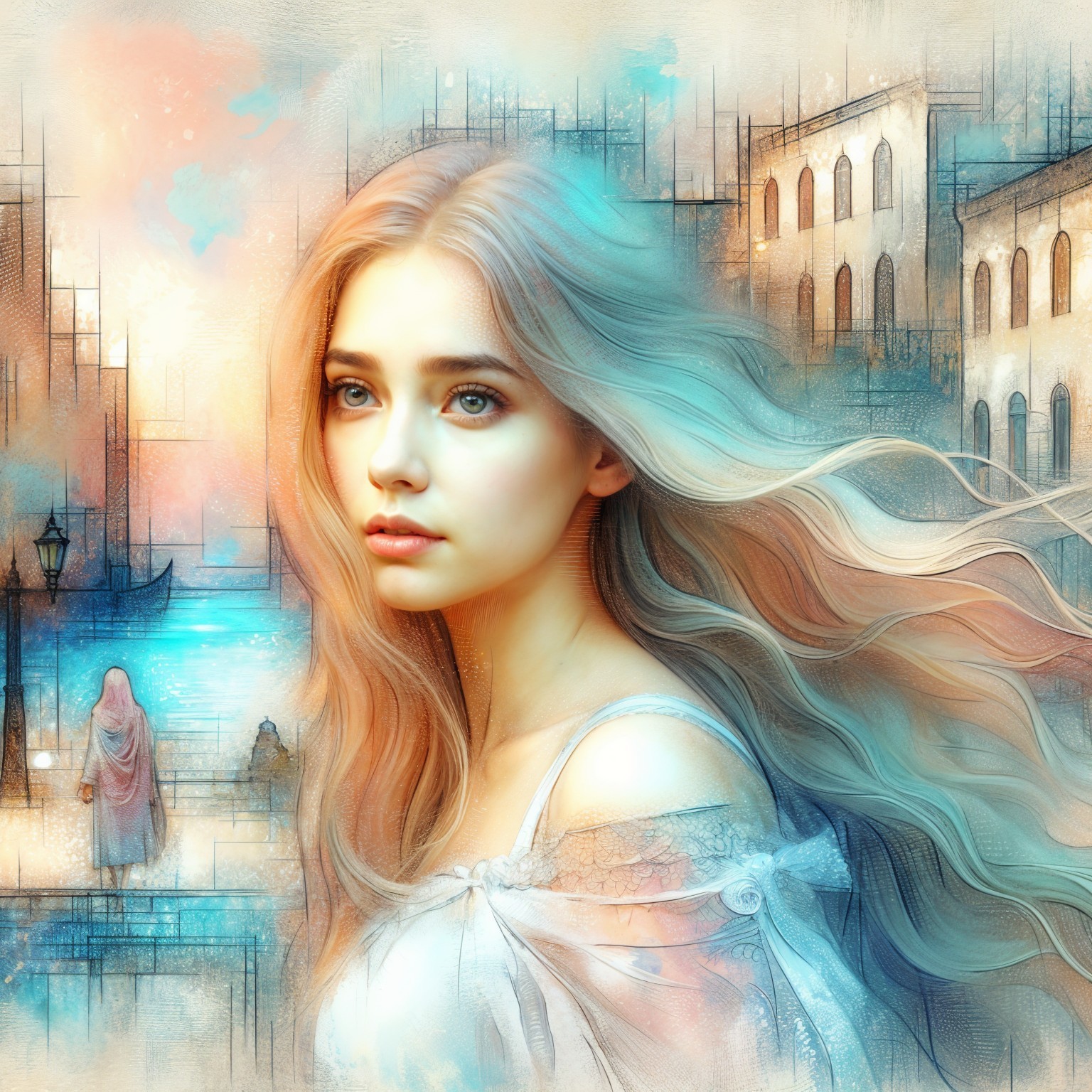 Young woman in dreamy pose against cityscape backdrop