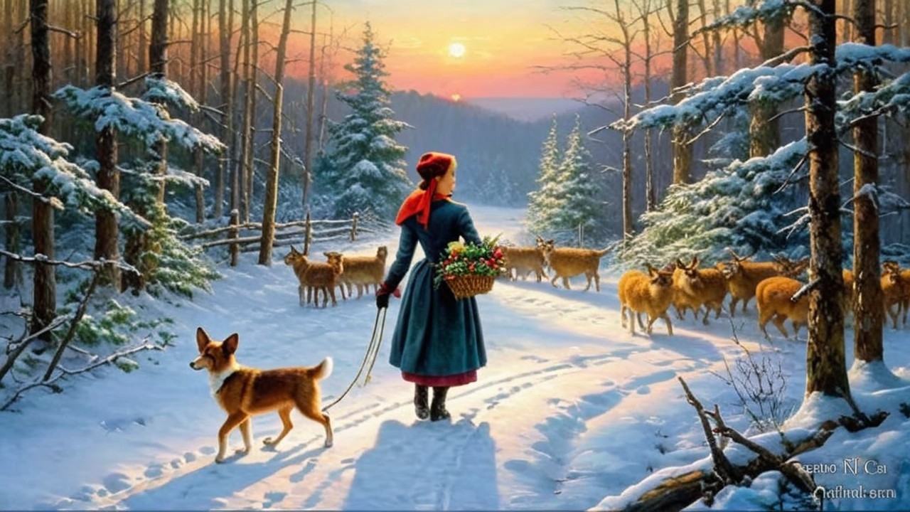 Winter Scene with Woman, Dog, and Grazing Deer