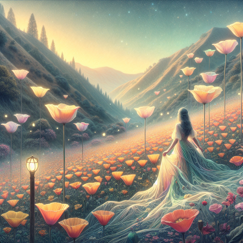 Serene landscape with woman in vibrant flower field