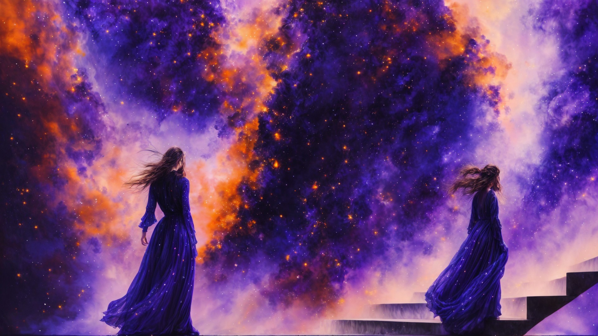 Ethereal Figures on Staircase in Cosmic Backdrop