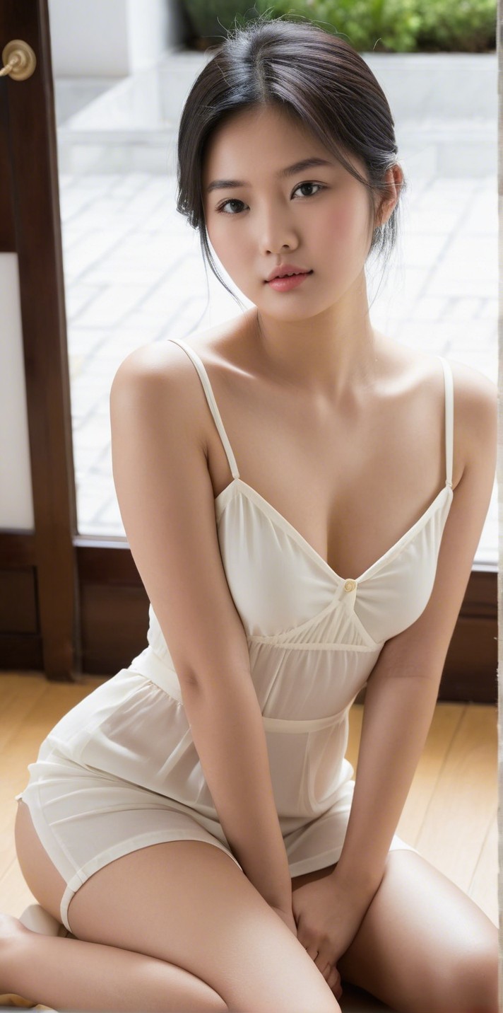 Young Woman in White Slip on Wooden Floor with Greenery