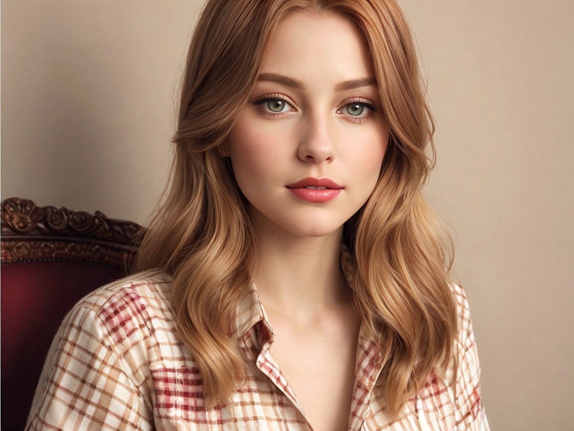 Young woman with blonde hair in plaid shirt portrait