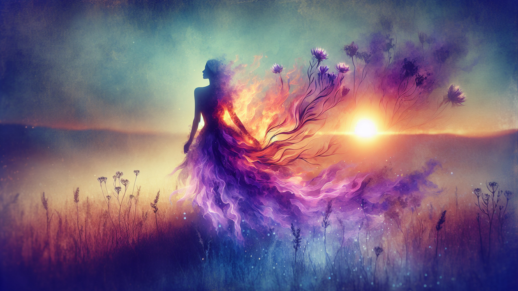 Mystical Figure Against Vibrant Sunset Landscape