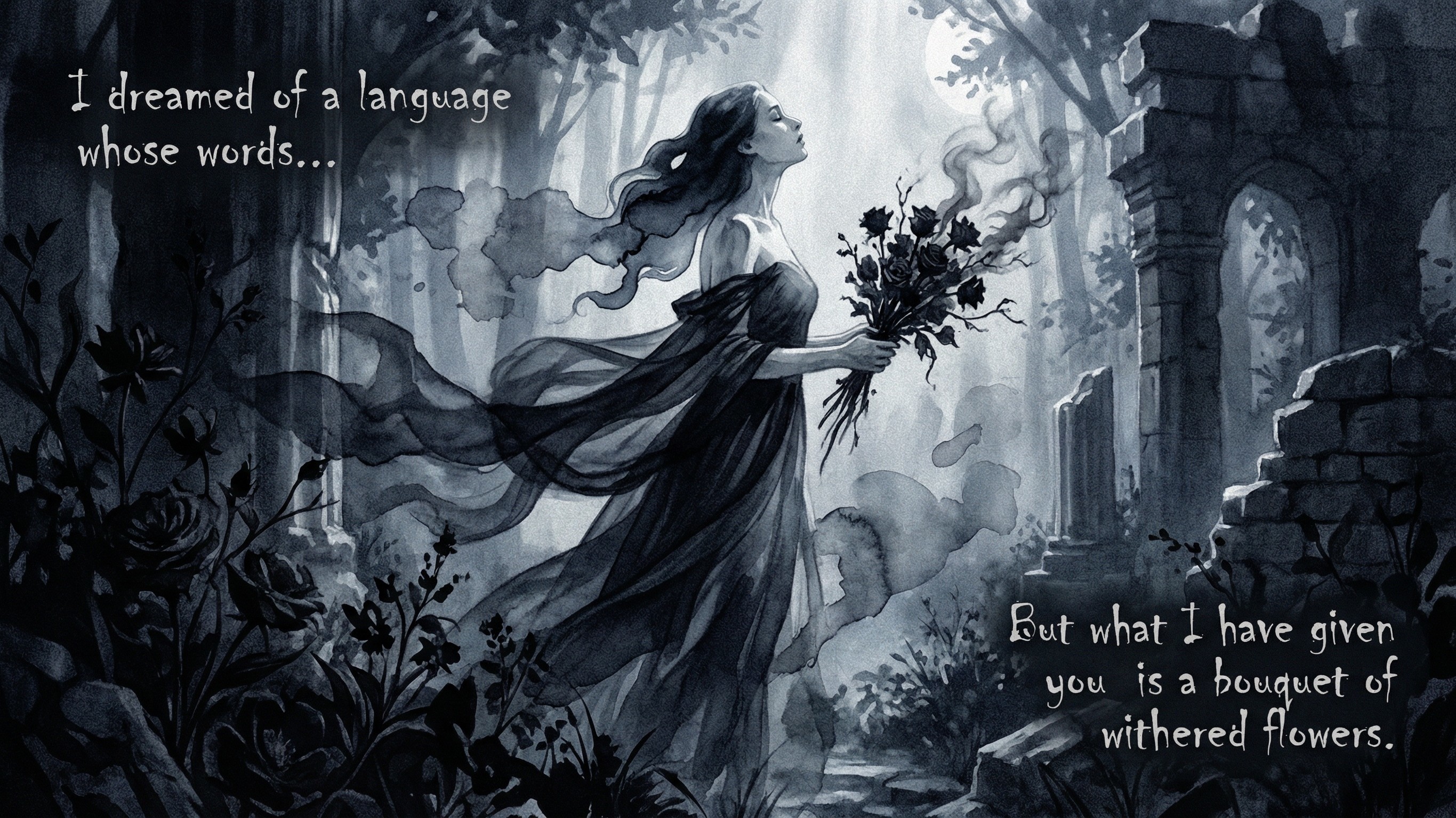 Melancholic Watercolor of Woman with Withered Roses