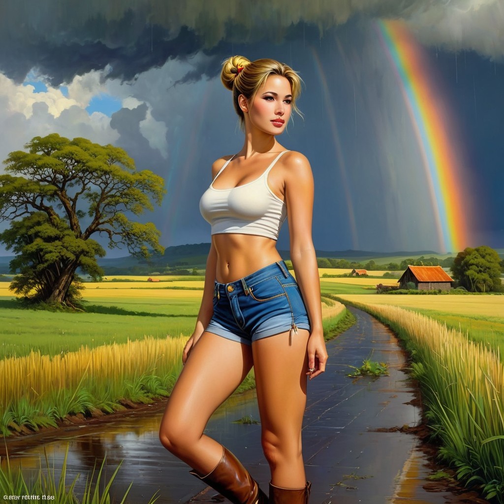 Young Woman in Vibrant Landscape with Barn and Rainbows